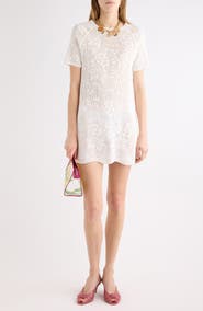 Chloé Short Sleeve Floral Pointelle Stitch Cotton Minidress