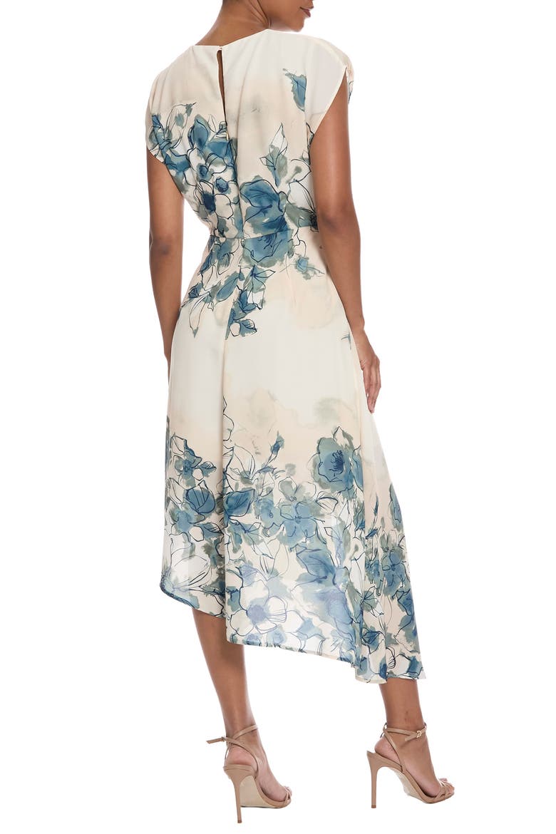 Placed Floral Cap Sleeve Asymmetric Hem Midi Dress, Alternate, color, IVORY/ BLUE