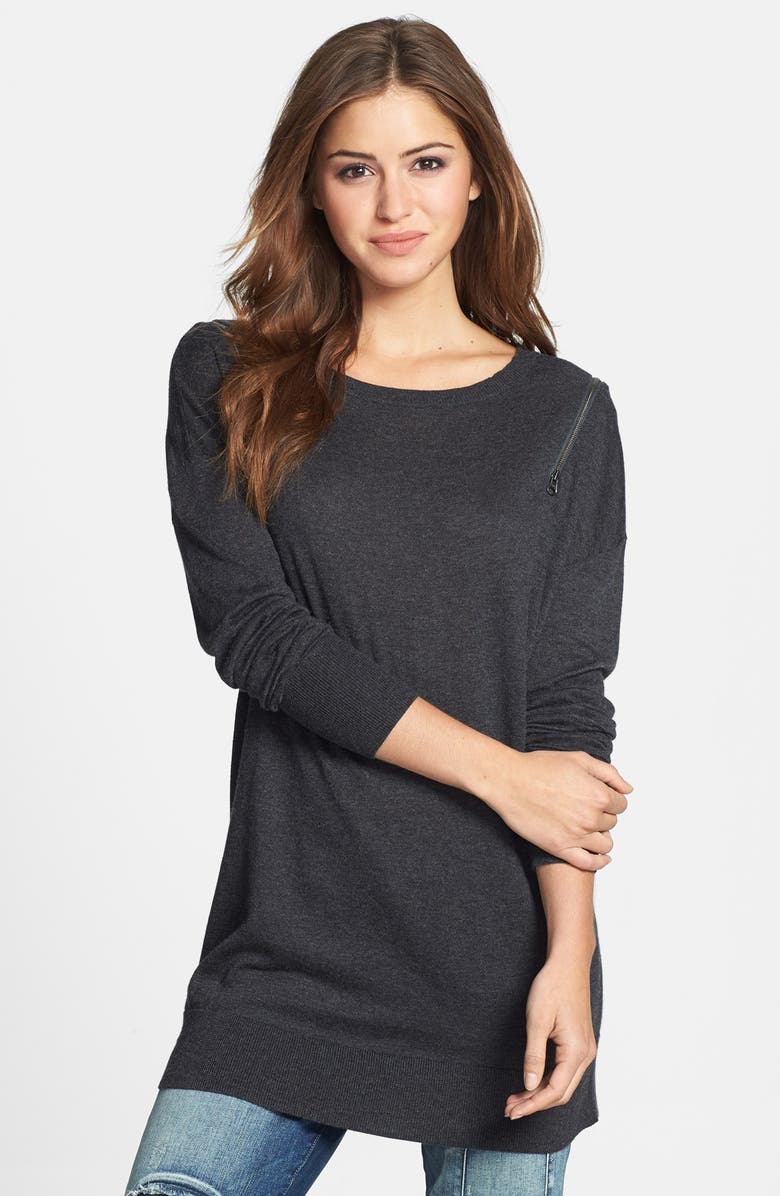 Caslon<sup>®</sup> Zip Shoulder Crewneck Tunic Sweater, Main, color,