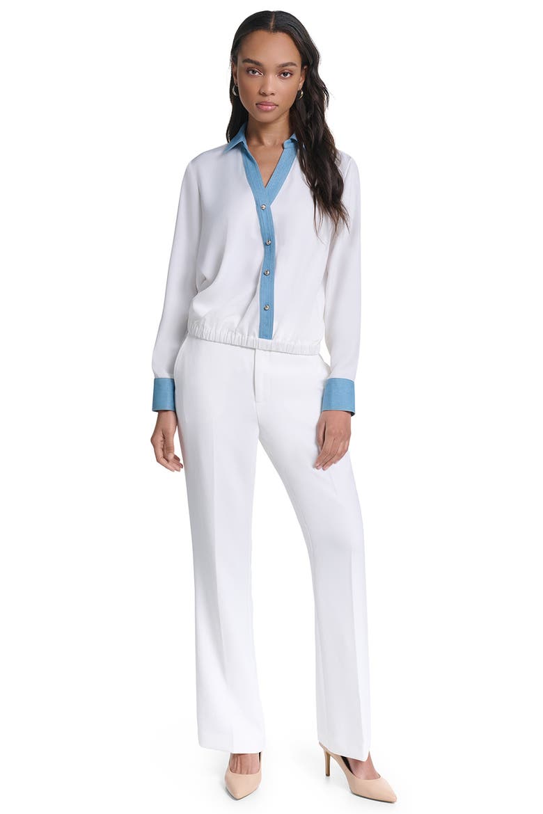 Denim Trim V-Neck Blouse, Alternate, color, SOFT WHITE