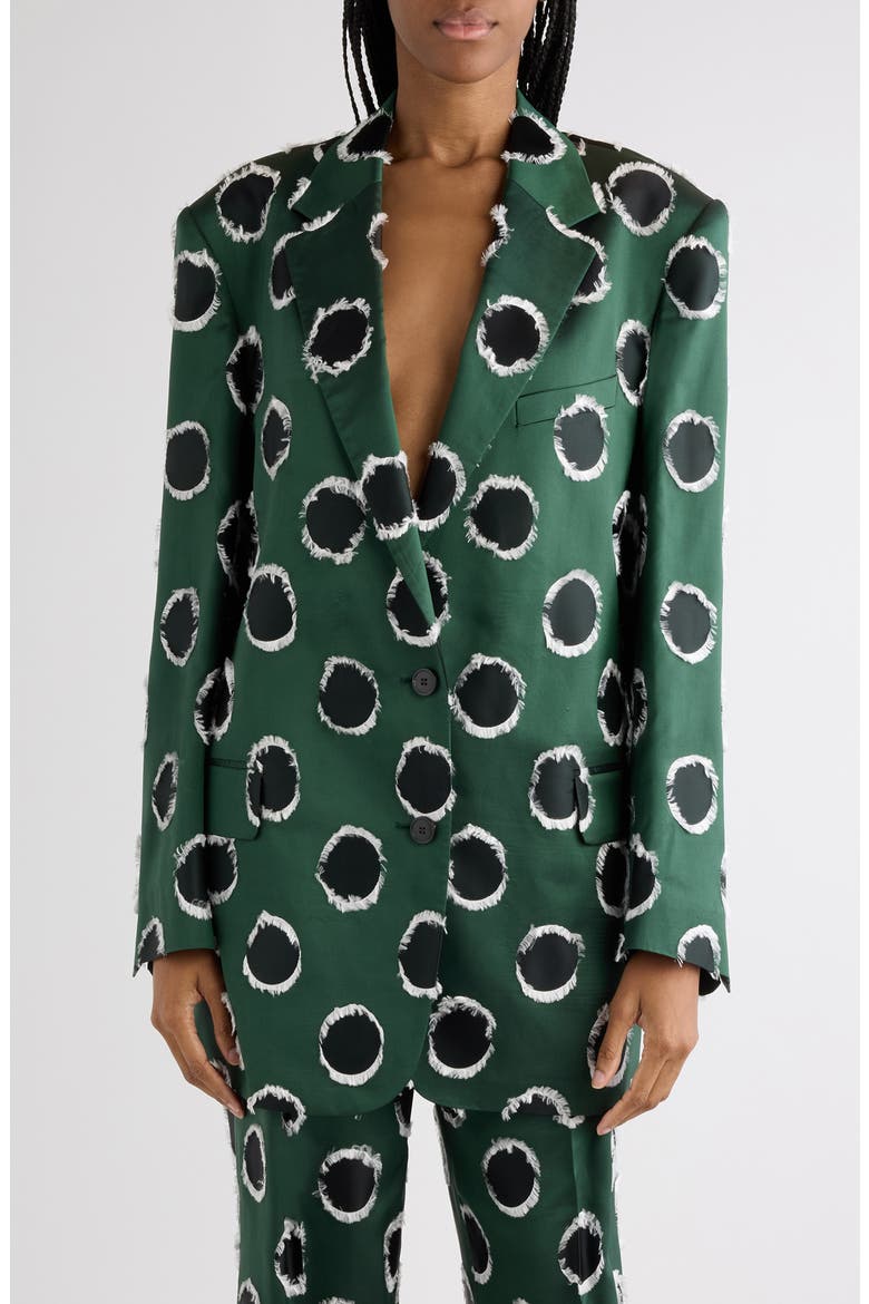 Basti Fil Coupé Polka Dot Oversize Double Breasted Satin Blazer, Main, color, DARK GREEN