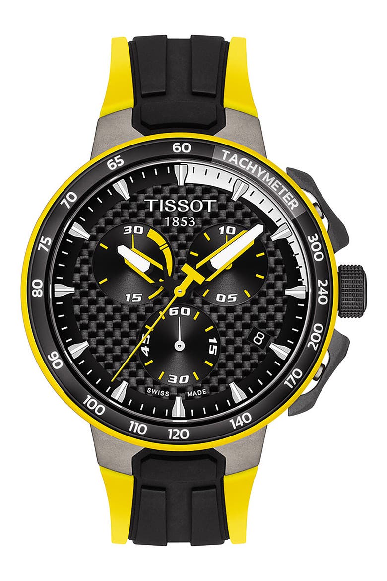 T-Race Cycling Tour de France 2020 Chronograph Silicone Strap Watch, 44mm, Main, color, BLACK/ YELLOW