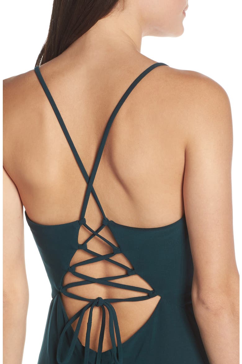 Lace-Up Back Evening Dress, Alternate, color, DARK GREEN