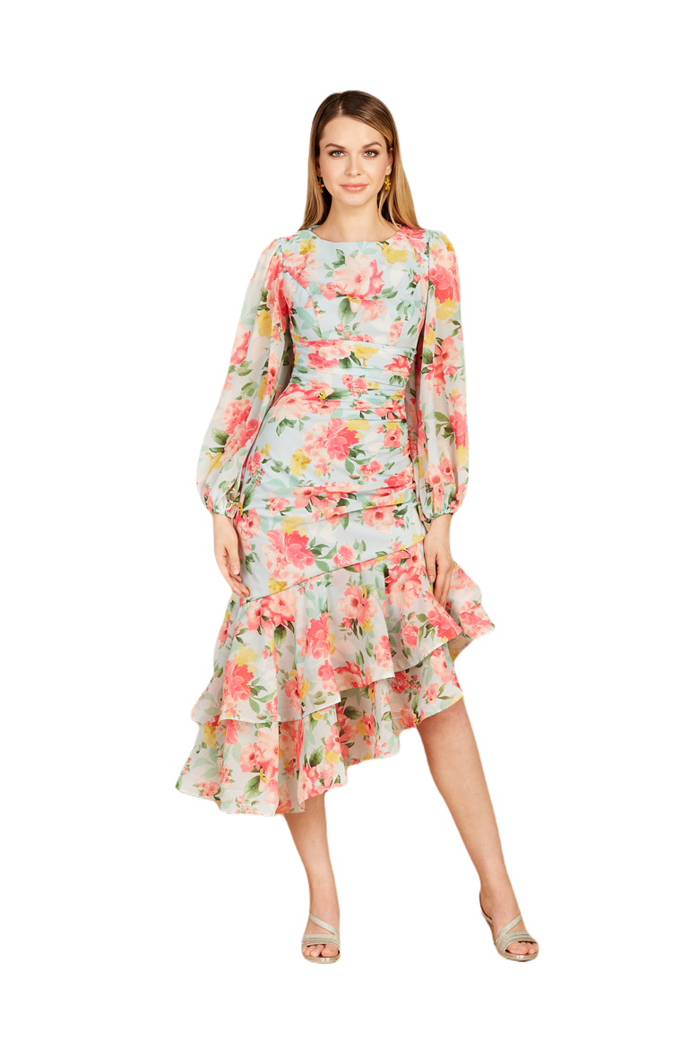 High Neck, Lace Up, Long Sleeve Printed Midi Dress, Main, color, Mint
