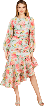LARA New York High Neck, Lace Up, Long Sleeve Printed Midi Dress