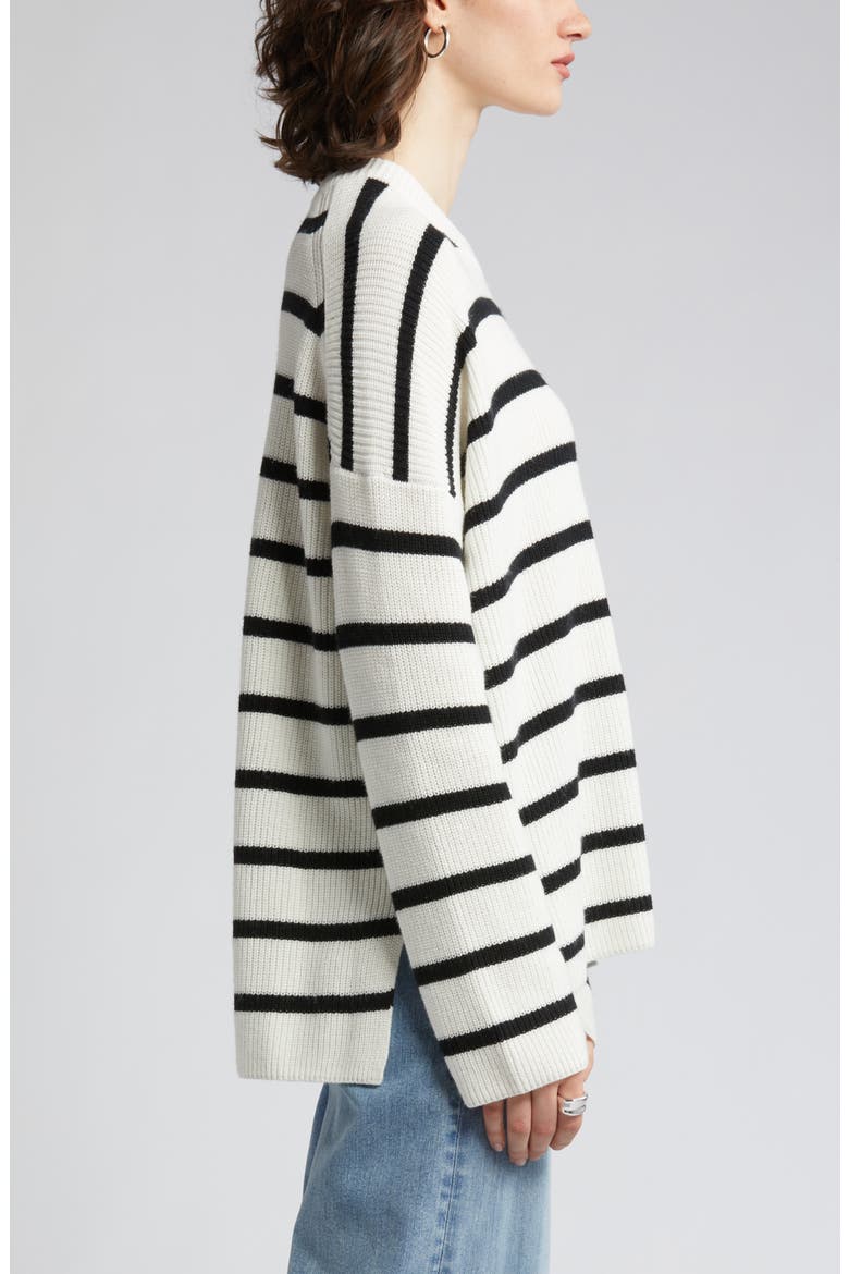 Stripe Oversize Organic Cotton & Wool Crewneck Sweater, Alternate, color, IVORY CLOUD- BLACK STRIPE