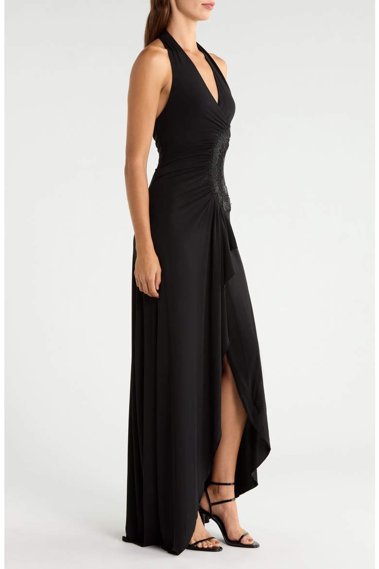 Natalina Beaded Cutout Halter Jersey Gown, Alternate, color, BLACK