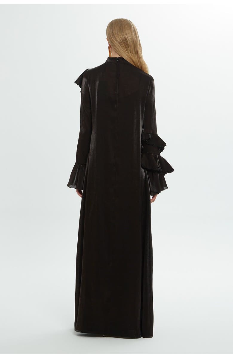 Gizia Shoulder Ruffle Detailed Shiny Black Dress, Alternate, color, Beige