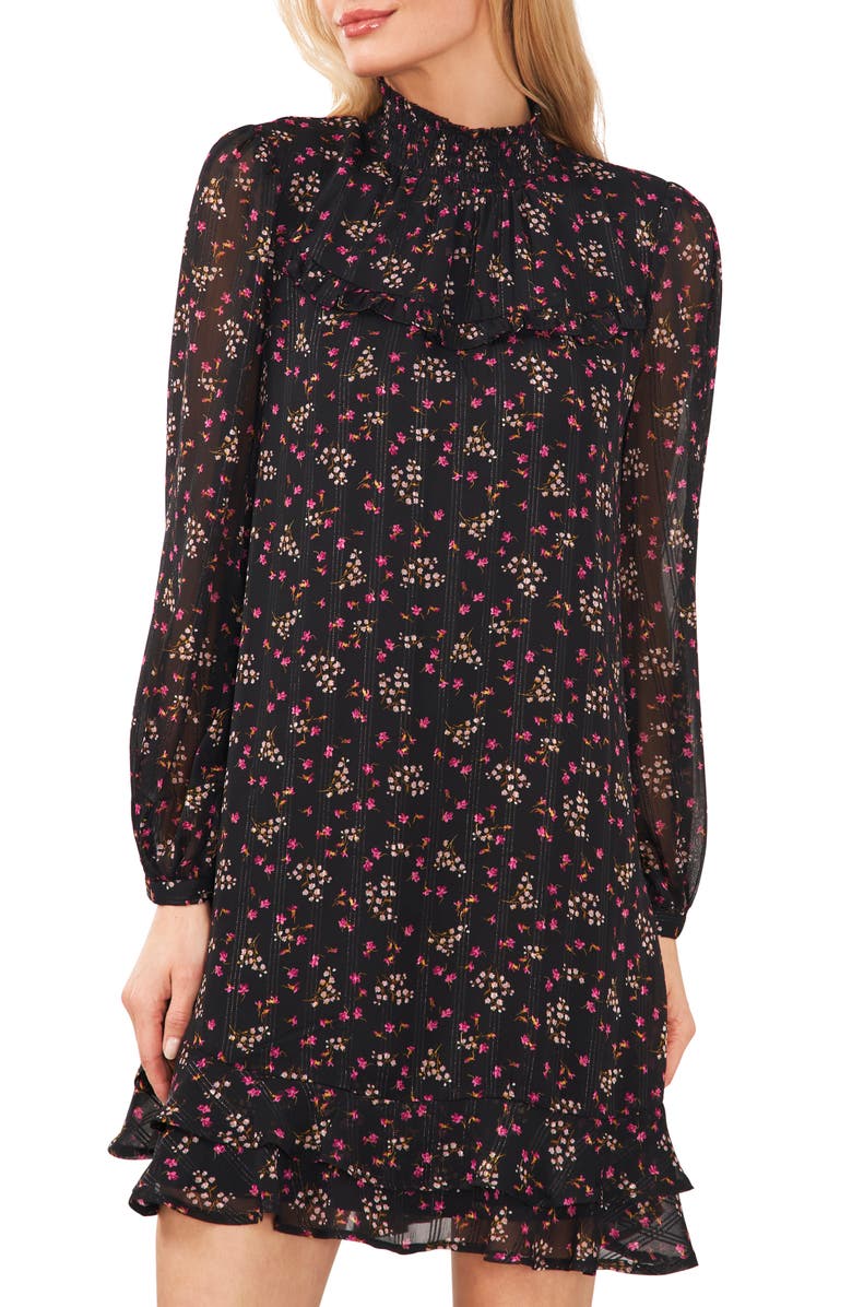 CeCe Floral Print Smocked Neck Long Sleeve Minidress, Alternate, color, 