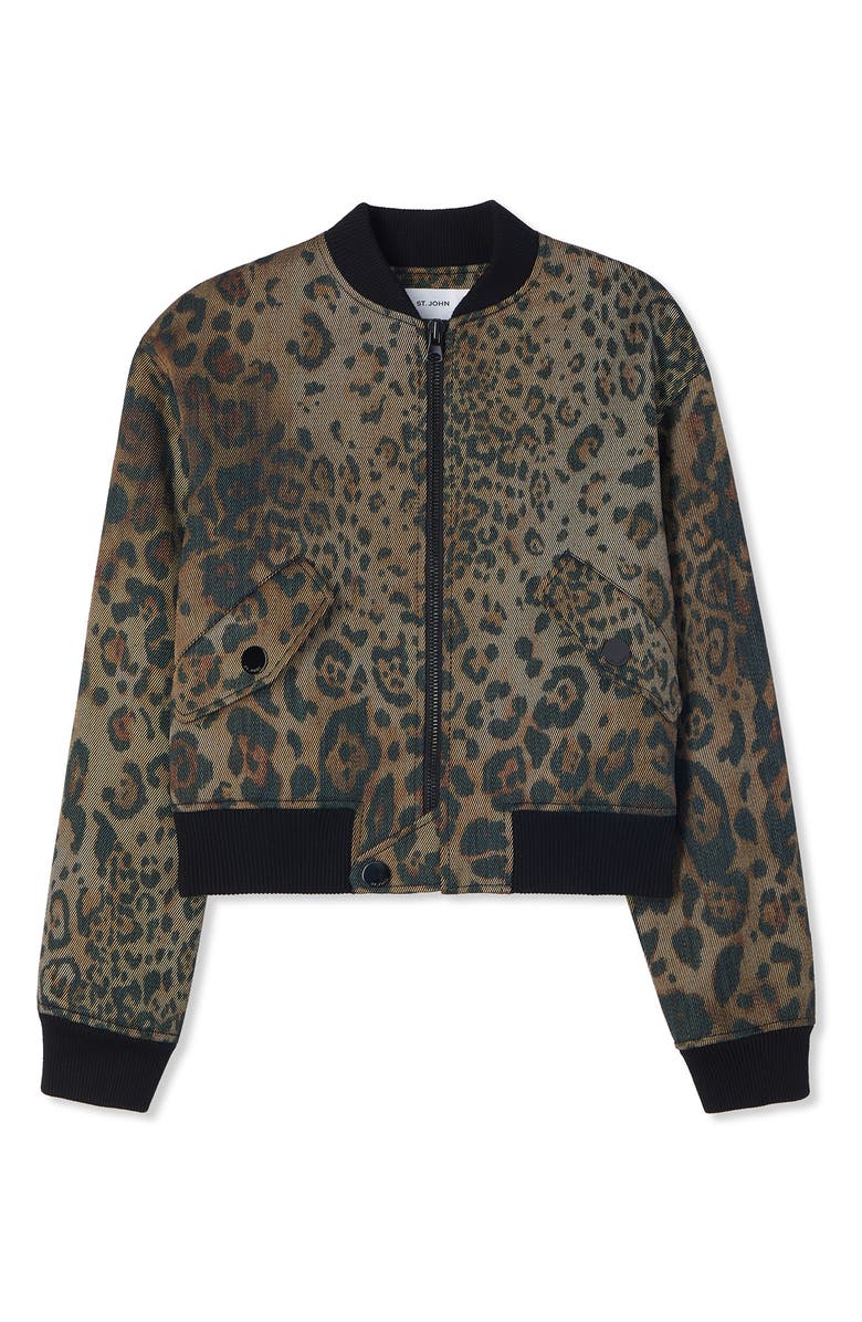 St. John Collection Leopard Print Cotton Blend Twill Bomber Jacket, Alternate, color, 