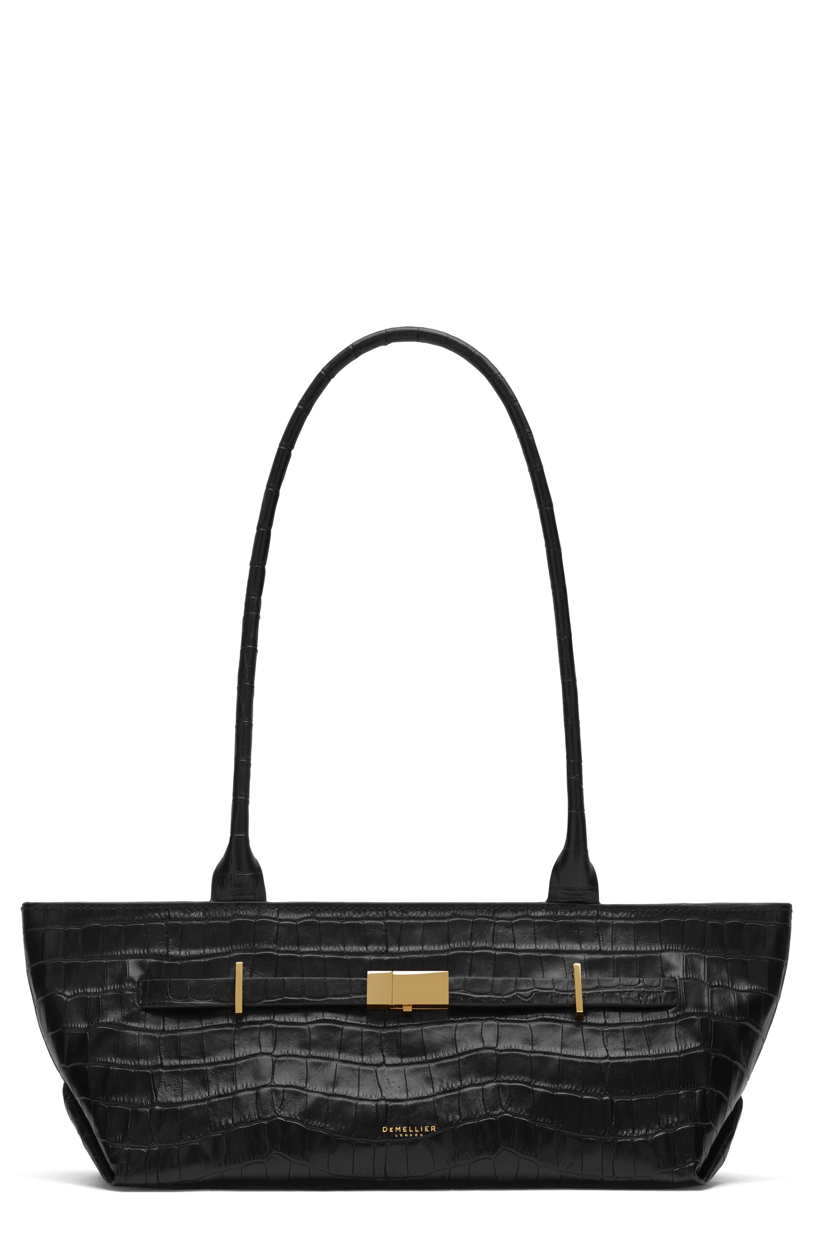 The New York Croc Embossed Leather Shoulder Bag, Main, color, BLACK