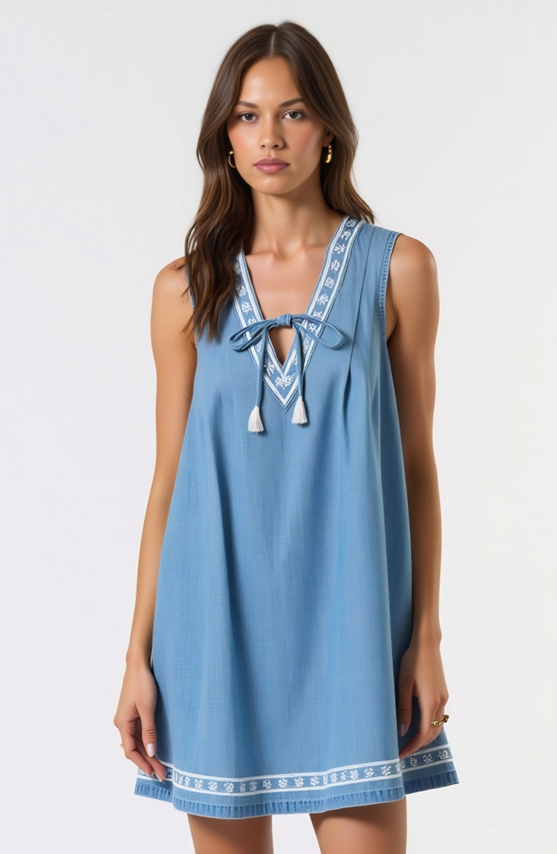 Modenaire Sleeveless Mini Dress with Embroidered Trim and Tie Front Detail, Main, color, Blue
