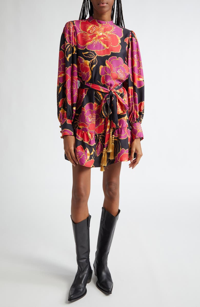 FARM Rio Shiny Chita Floral Print Long Sleeve Minidress, Main, color, Shiny Chita Black