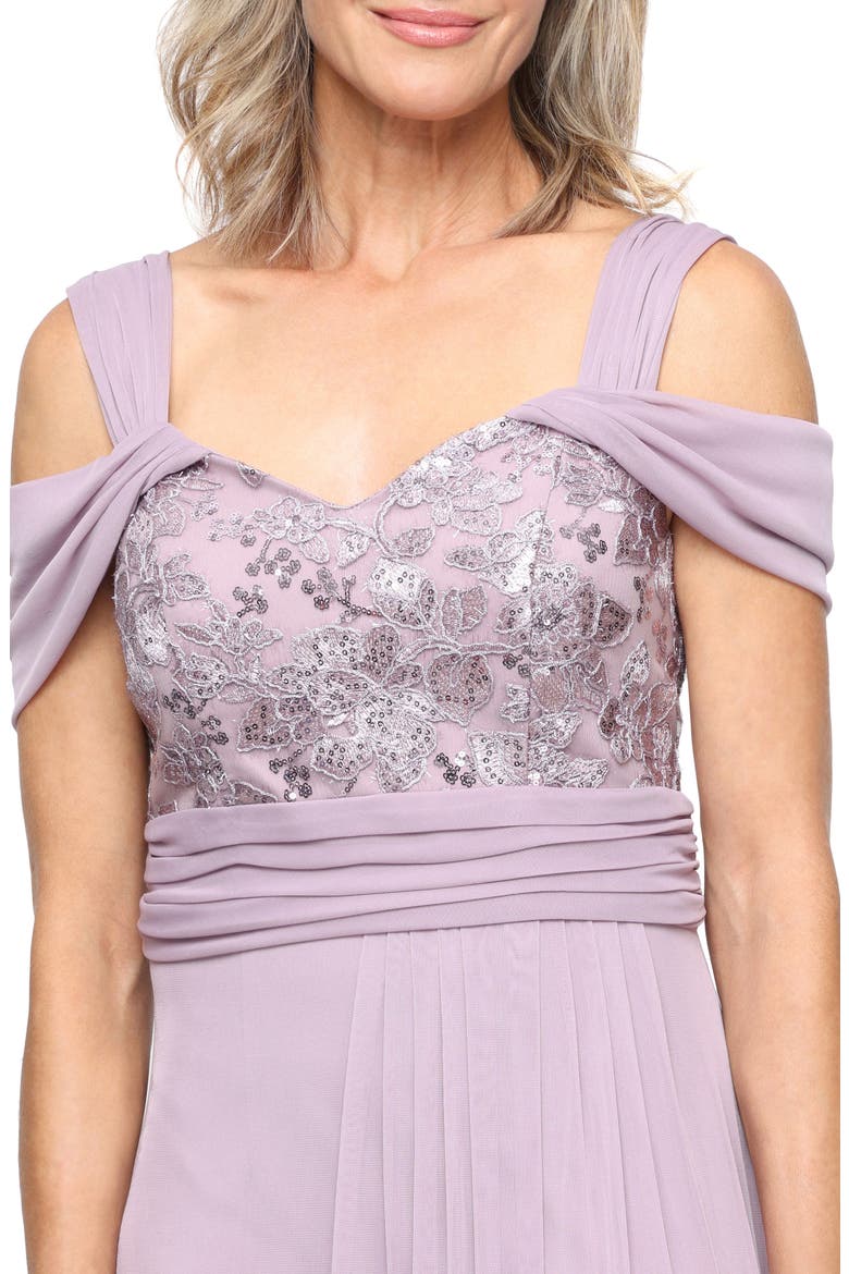 Embroidered Bodice Cold Shoulder Short Sleeve Gown, Alternate, color, WISTERIA