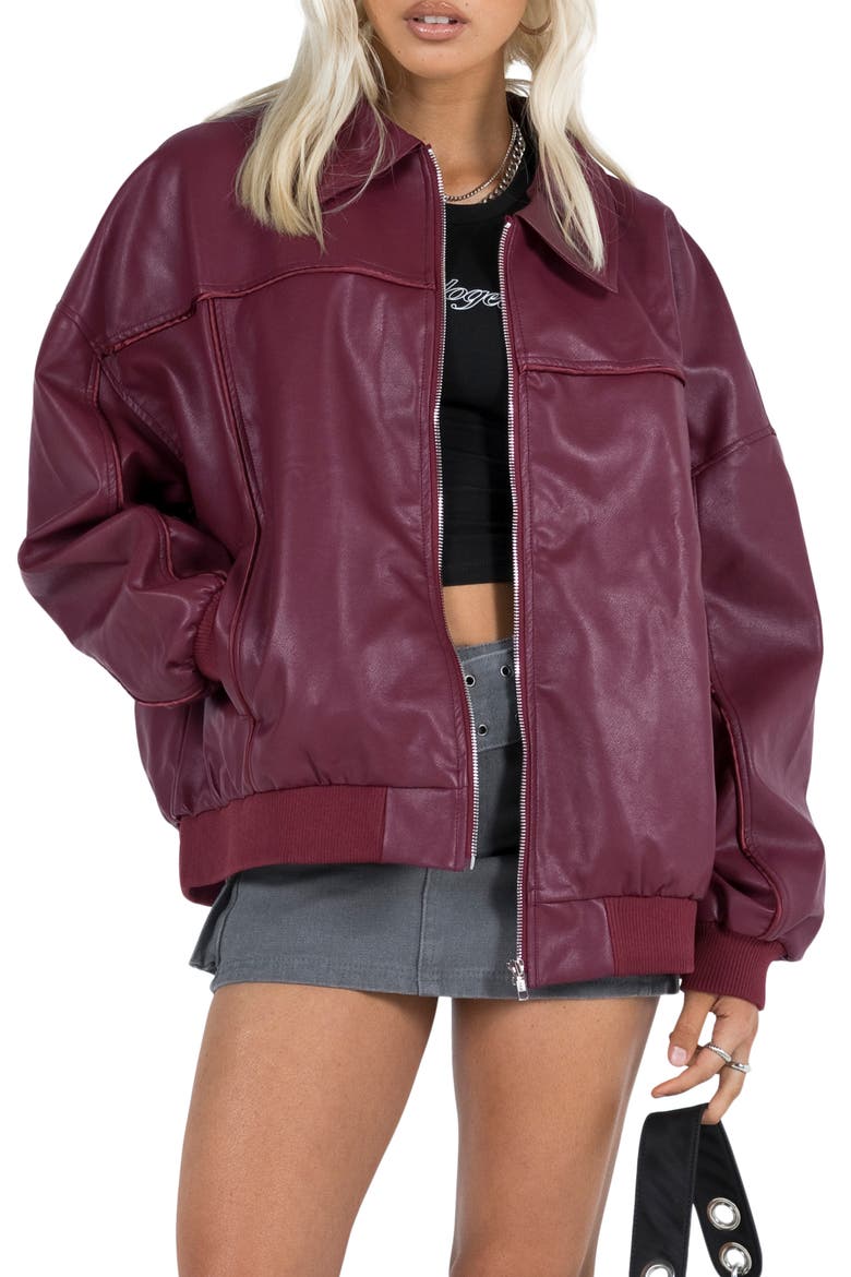 Goldsmith Oversize Faux Leather Bomber Jacket, Main, color, DARK RED