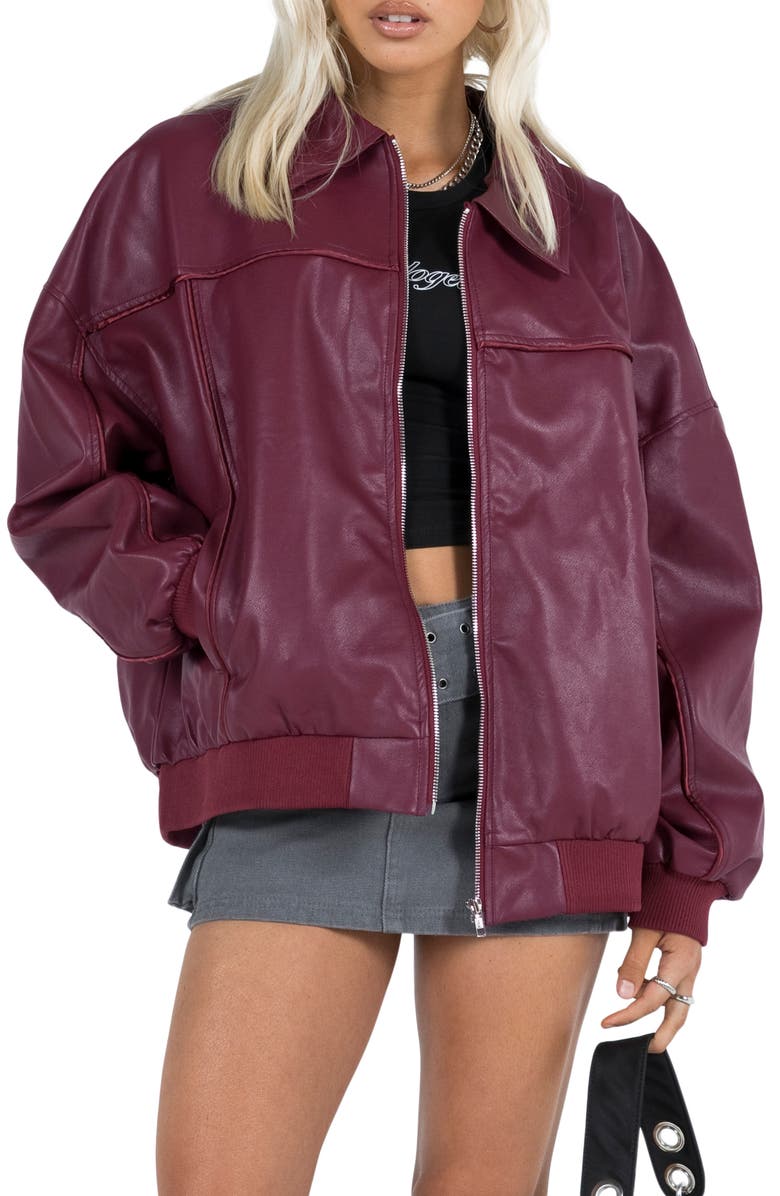 Princess Polly Goldsmith Oversize Faux Leather Bomber Jacket, Main, color, Dark Red