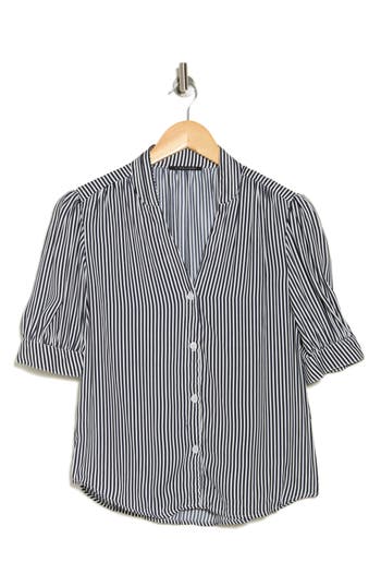 T Tahari Short Sleeve Airflow Blouse In Navy/white Stripe