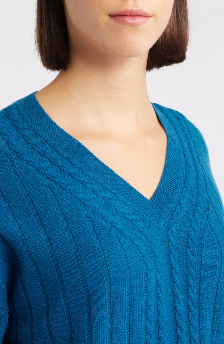 Griffen Cable Wool 
Cashmere V-Neck Sweater, Alternate, color, Blue