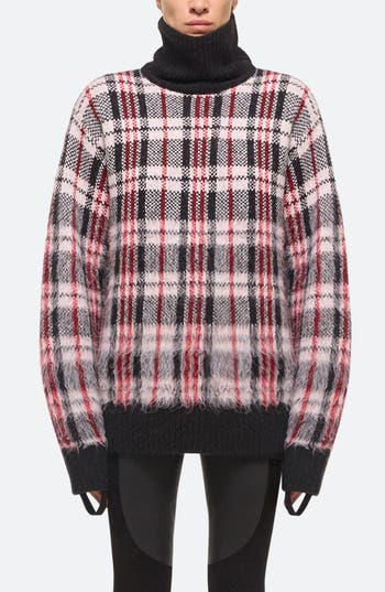 Helmut Lang Brushed Plaid Turtleneck Sweater In Medium Red Check