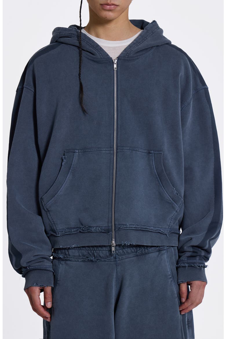 Zip Front Denim Wash Distressed Hoodie (Men) | Nordstrom