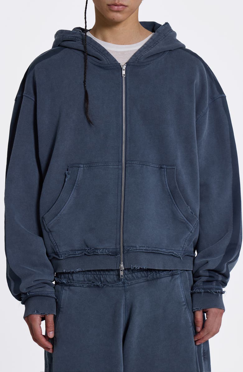 JADED LONDON Zip Front Denim Wash Distressed Hoodie, Main, color, Blue