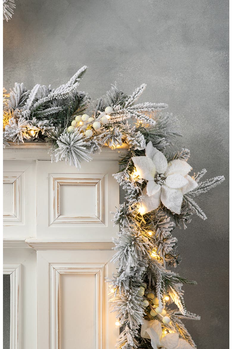 9ft Pre-Lit Snow Flocked Christmas Garland with Timer, Alternate, color, White