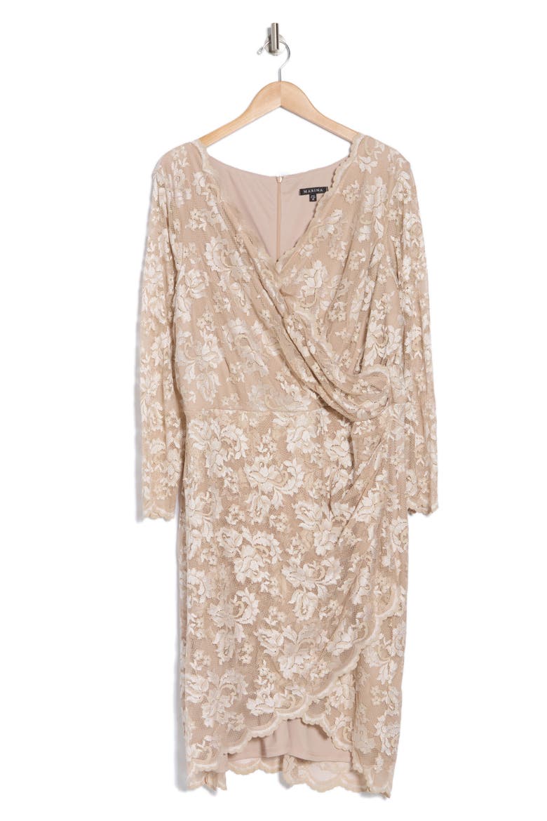 Long Sleeve Faux Wrap Lace Dress, Alternate, color, CHAMPAGNE