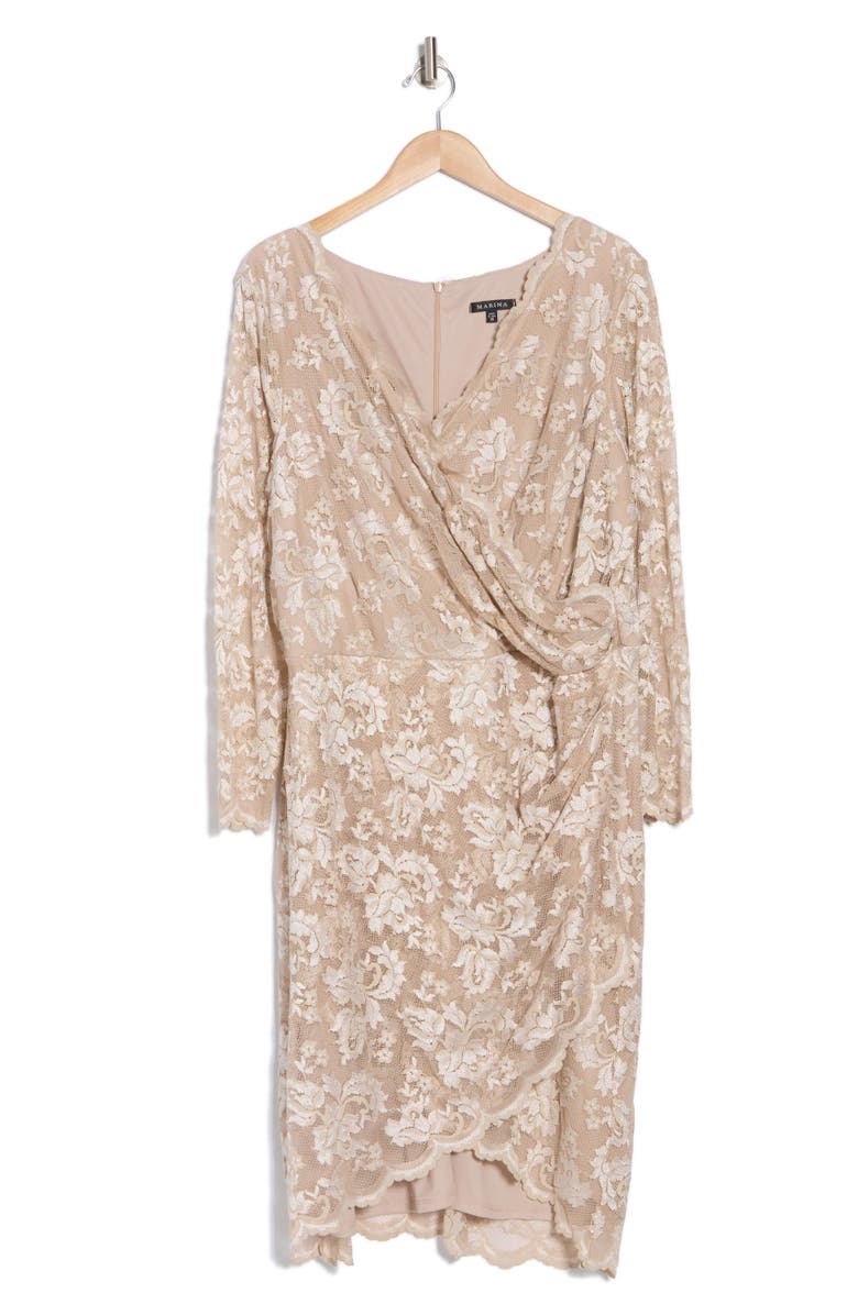 Marina Long Sleeve Faux Wrap Lace Dress, Alternate, color, Champagne
