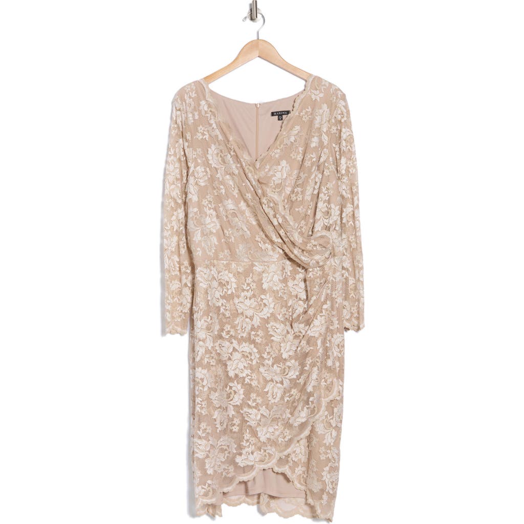 Marina Long Sleeve Faux Wrap Lace Dress In Champagne