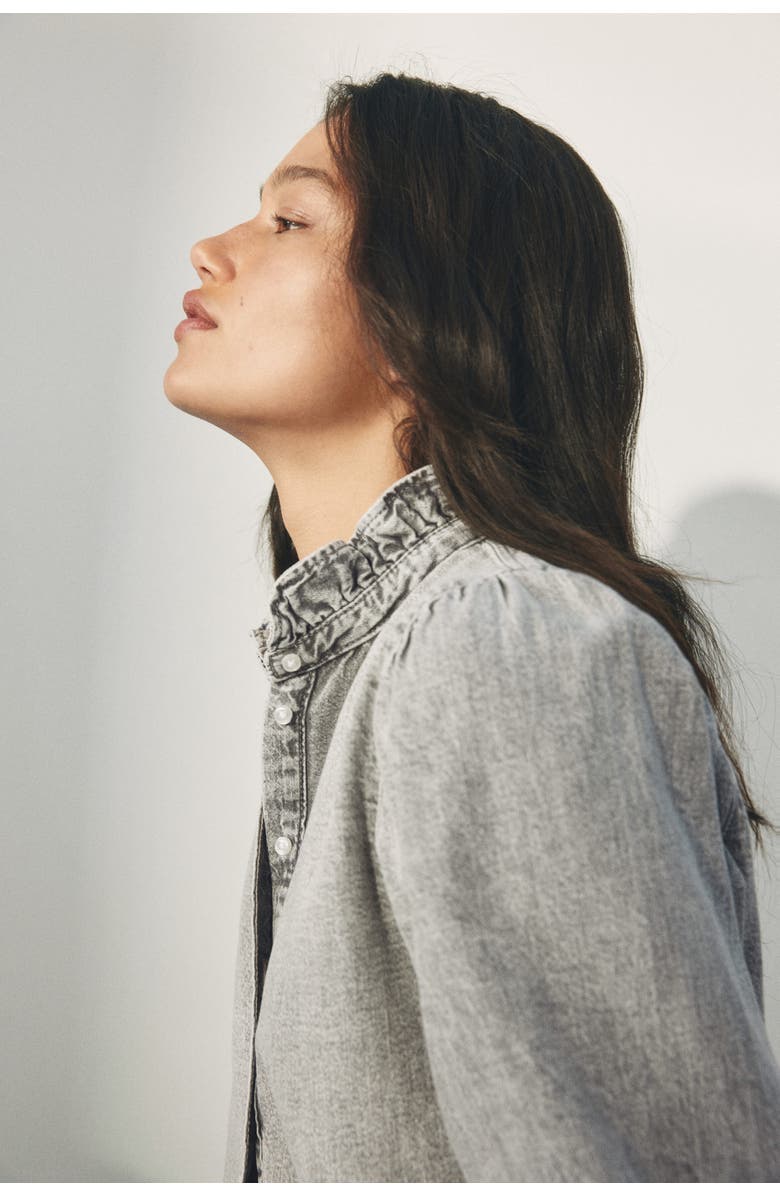 H&M Ruffle-trimmed denim blouse, Alternate, color, Gray