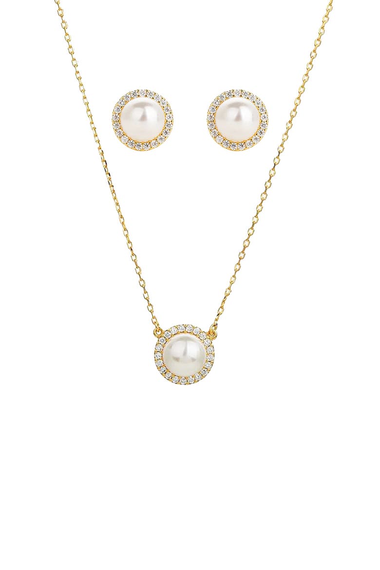 Sterling Silver 18k Gold Plated Eleanor Single Cultured Pearl Necklace & Stud Earrings Set, Main, color, Gold