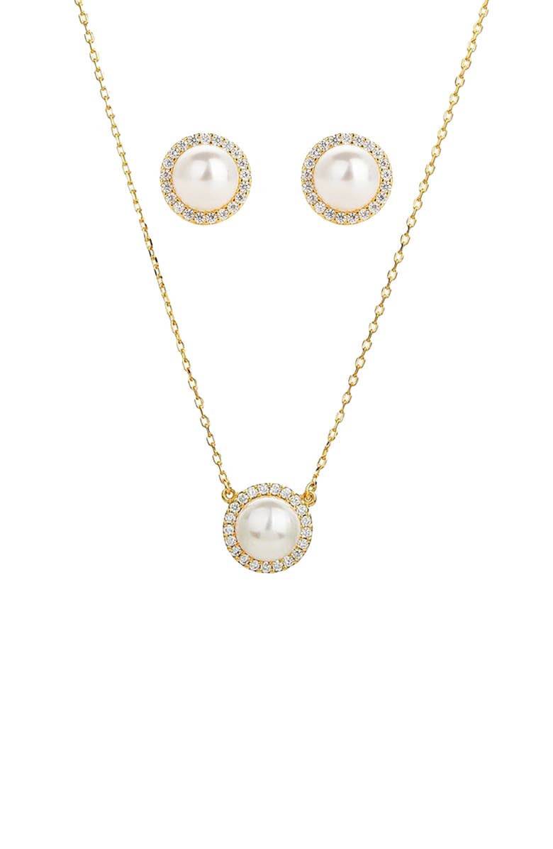 Bearfruit Jewelry Sterling Silver 18k Gold Plated Eleanor Single Cultured Pearl Necklace & Stud Earrings Set Holiday Gift Guide, Main, color, Gold