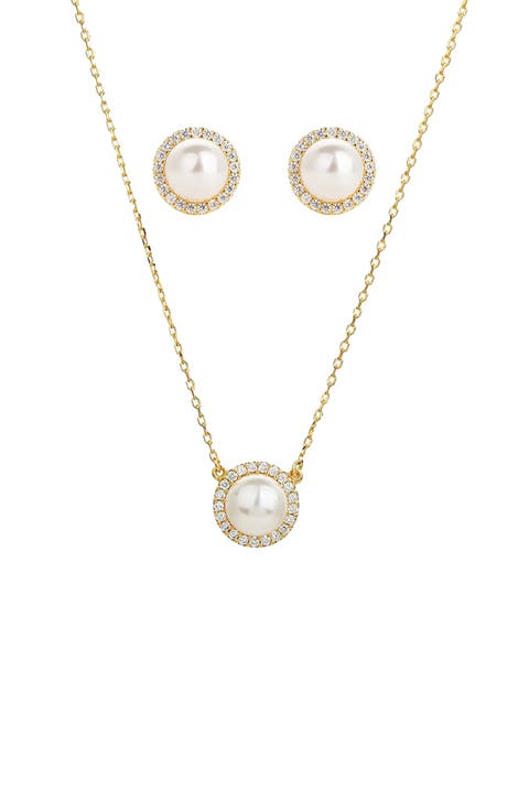 Sterling Silver 18k Gold Plated Eleanor Single Cultured Pearl Necklace & Stud Earrings Set Holiday Gift Guide