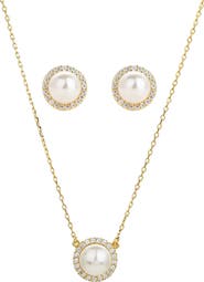 Bearfruit Jewelry Sterling Silver 18k Gold Plated Eleanor Single Cultured Pearl Necklace & Stud Earrings Set