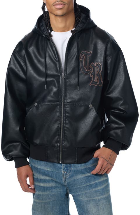 Faux Leather Hooded Bomber Jacket