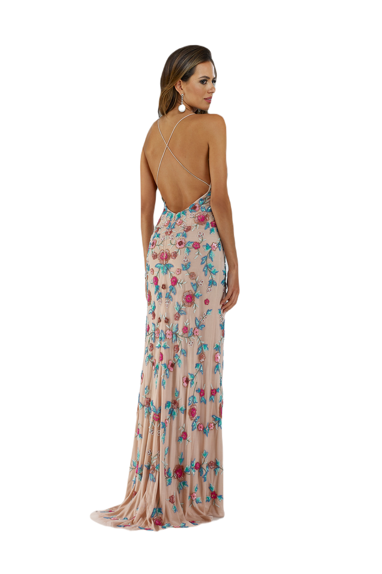 Thigh High Slit with Open Back Dress, Alternate, color, NudeMulti