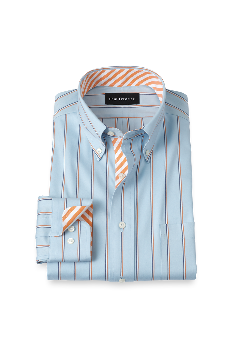 Cotton Buttondown Collar Broadcloth Classic Contrast Trim Button Cuff Long Sleeve Shirt, Main, color, Blue/Melon