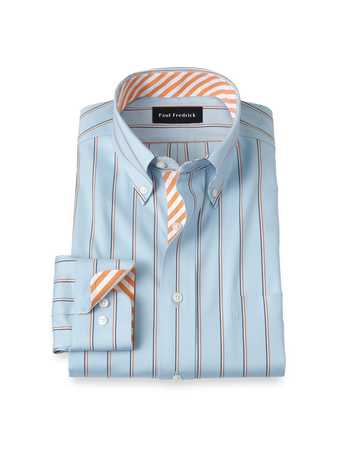 Cotton Spandex Buttondown Collar Pinpoint Classic Contrast Trim Button Cuff Long Sleeve