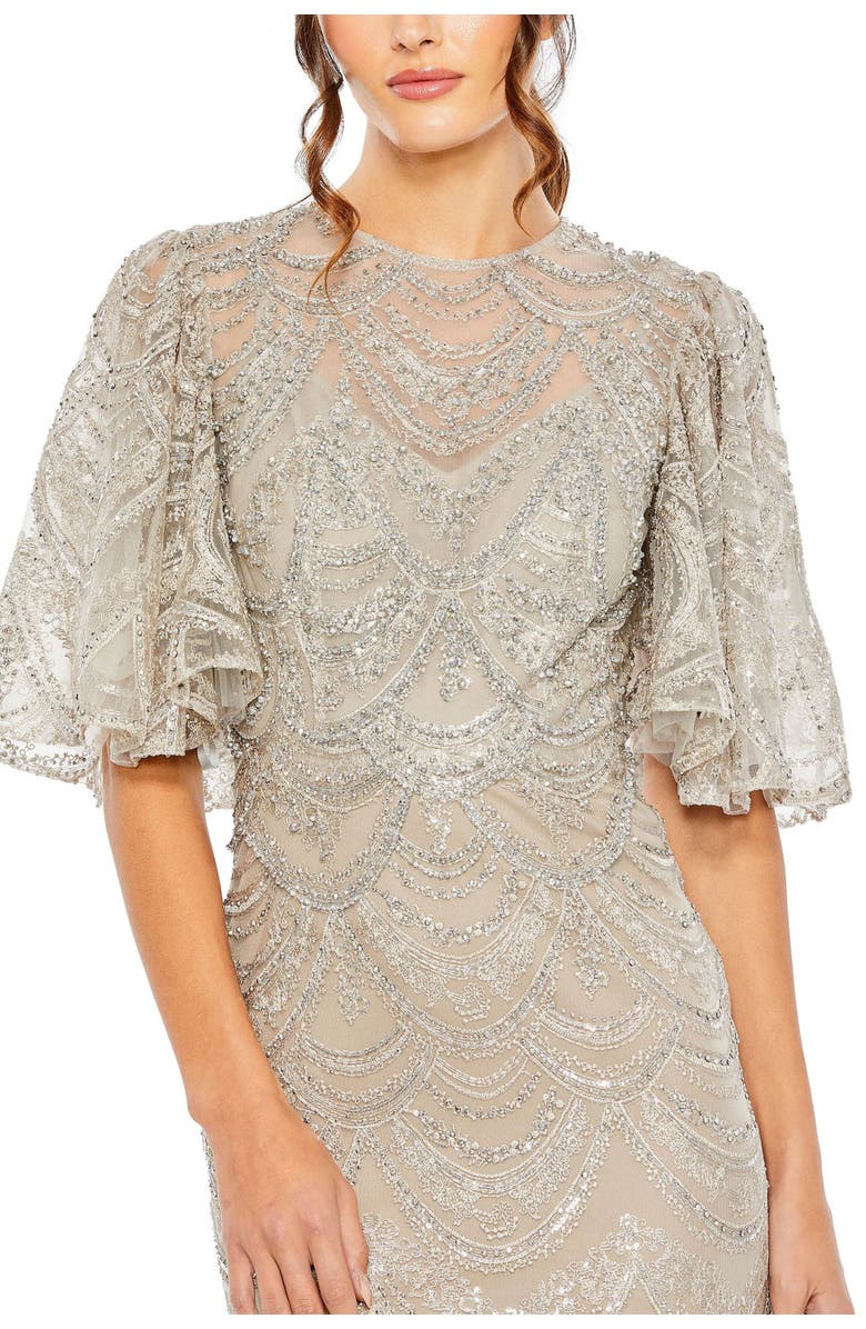 Mac Duggal Flutter Sleeve High Neck Gown, Alternate, color, Taupe