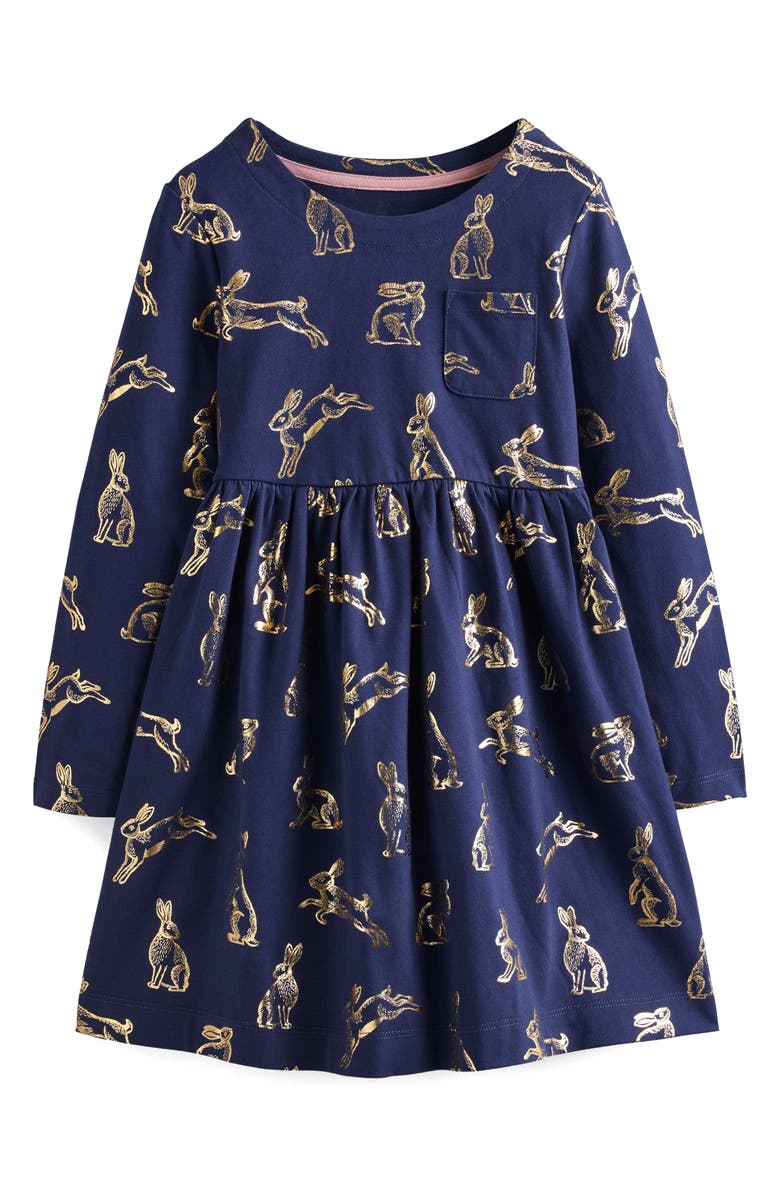 Mini Boden Kids' Bunny Print Long Sleeve Cotton Jersey Dress, Main, color, 