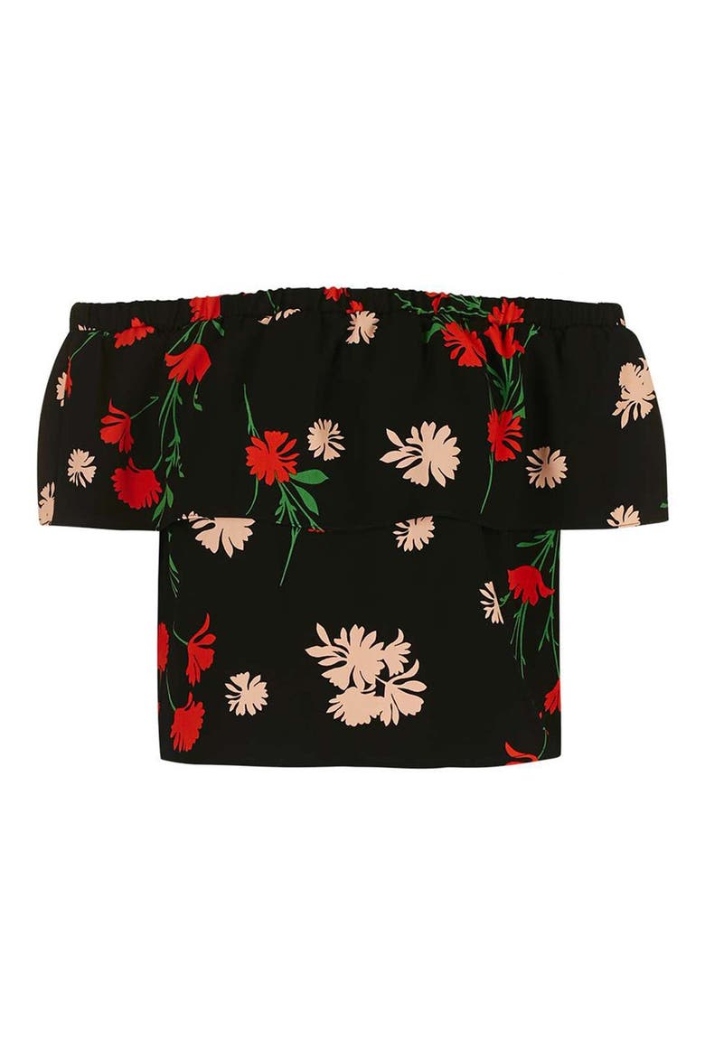 Pressed Floral Print Ruffle Bardot Top, Alternate, color, BLACK MULTI