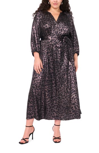 Vince Camuto Metallic Tie Waist Long Sleeve Maxi Dress In Black