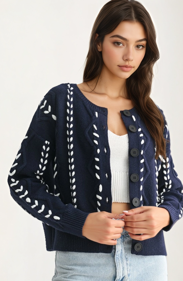 Knit and Lounge Button Front Stitch Detailing Cardigan, Main, color, Navy Blue / White