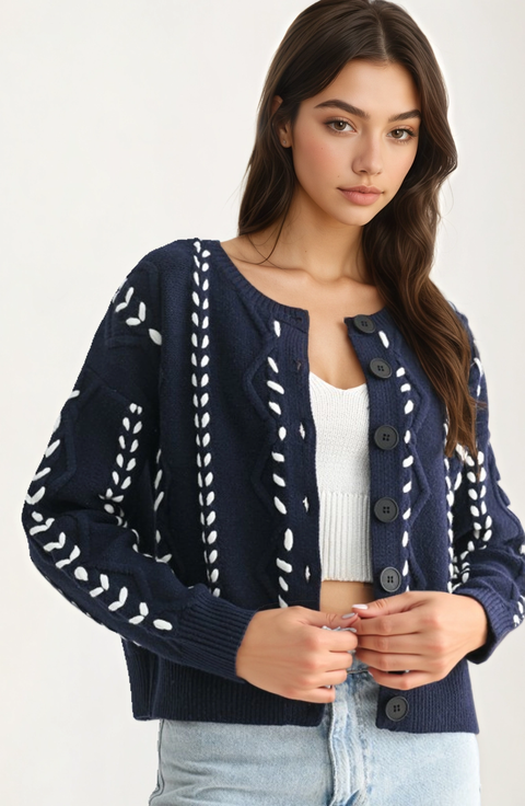 Button Front Stitch Detailing Cardigan