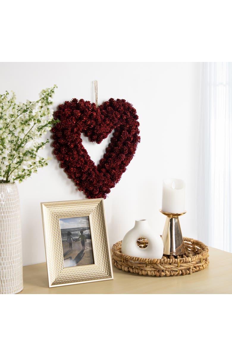 Northlight Pine Cone Rose Valentine's Day Wooden Heart Wreath - 14" - Red, Alternate, color,
