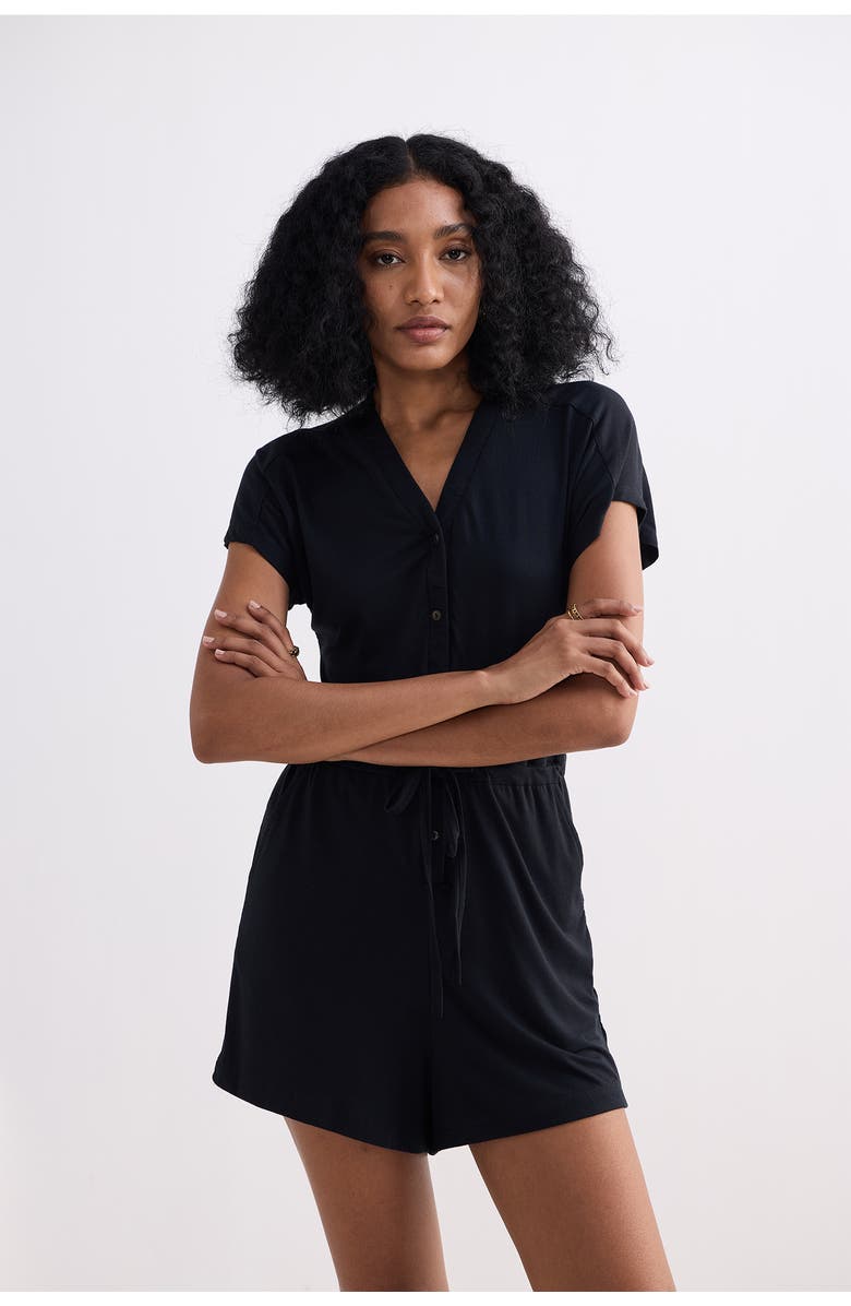 Reistor V-neck Drawstring Knit Romper, Alternate, color, Black