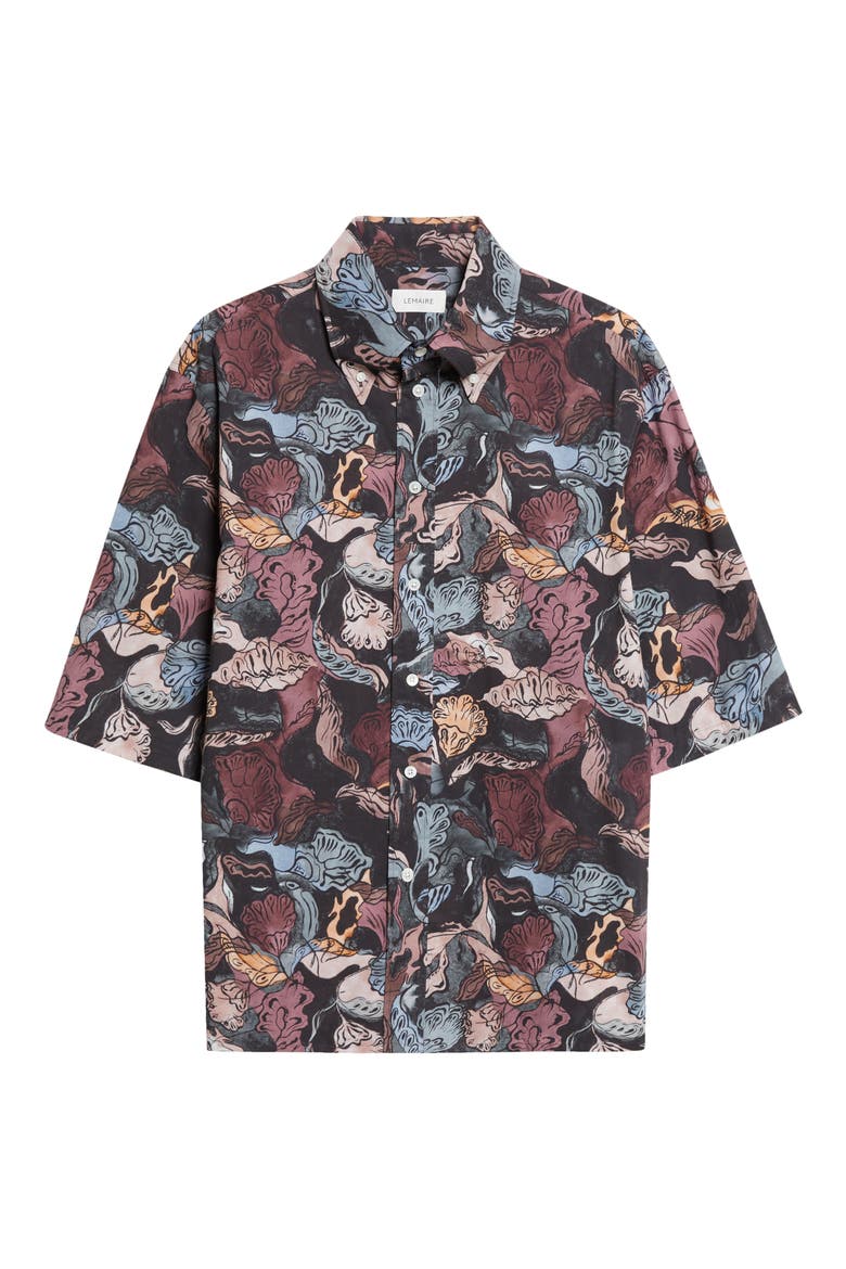 Floral Short Sleeve Button-Down Shirt, Alternate, color, BLACK / PLUM