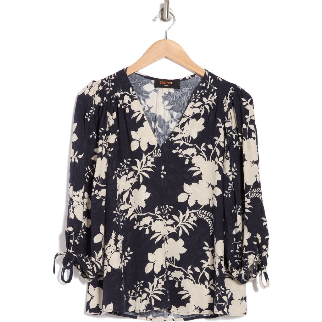 Renee C Jacquard Floral Top In Navy