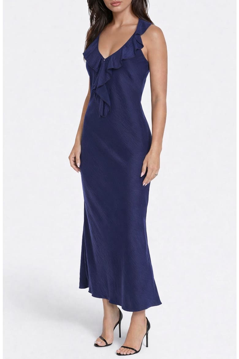 Crushed Satin Ruffle Halter Dress, Alternate, color, NAVY