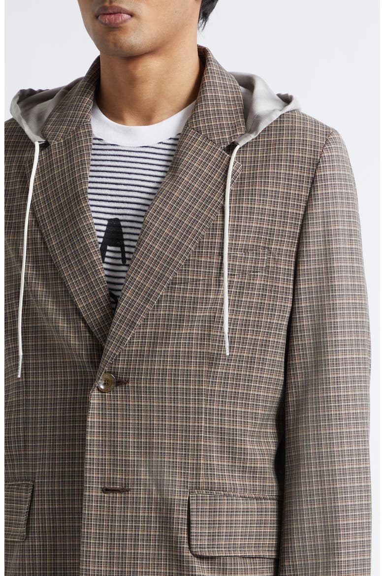 Square Glen Plaid Single Breasted Blazer with Drawstring Hood, Alternate, color, BROWN